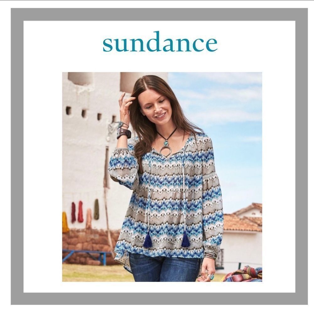 NWT Sundance Earth Meets Sky 100% Silk Ikat Print Stripe Tassel Blouse Size S
